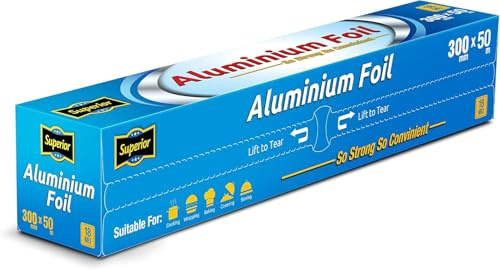 Superior Heavy Duty Kitchen Aluminium Foil Roll for Roasting, 30cm x 50m | Built in cutting edge | Ideal tin foil for food storage, cooking, grilling and roasting a Sunday joint | Strong everyday wrap