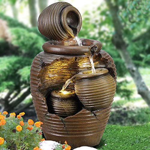 Gartenbrunnen Brunnen Zierbrunnen Zimmerbrunnen Springbrunnen Brunnen 4-Amphoren mit LED-Licht 230V Wasserfall Wasserspiel für Garten, Gartenteich, Terrasse, Teich, Balkon Sehr Dekorativ