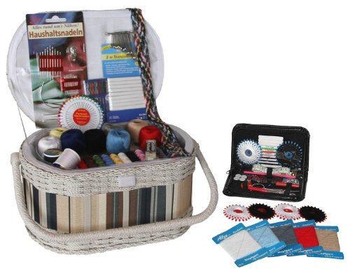 Megashop 2000 Nähkasten oval weiß gestreift - gefüllt mit über 150 Teile Inhalt: Nähkorb aus Bast, Kunststoff und Stoff, Reisenähset aus Kunstleder