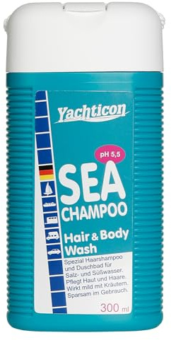 Yachticon Sea Shampoo 300 ml – mildes Duschshampoo für Haut & Haar bei Salzwasser-Nutzung, pH 5,5, für Meer- und Süßwasser, sanft pflegend, biologisch abbaubar, Made in Germany