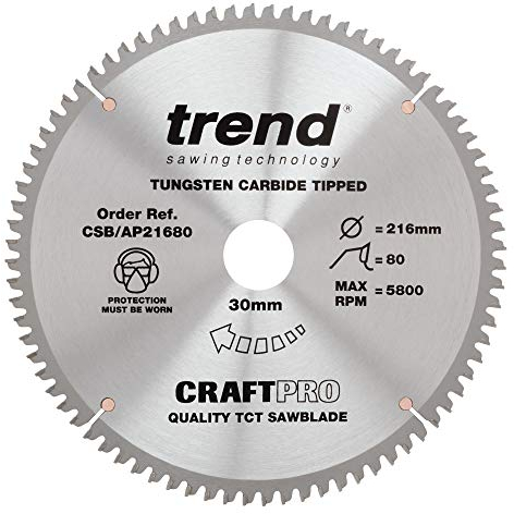 Trend Aluminium & Kunststoff Kreissägeblatt, 216mm Durchmesser, 30mm Bohrung, 80 Zähne, HW, 2,8mm Schnittbreite, -6° Haken, CSB/AP21680