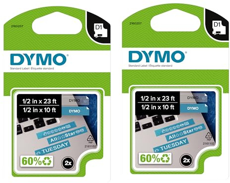 DYMO Authentic D1 Labels 1/2-Inch x 23-Foot Roll Black Print on White Self-Adhesive For LabelManager Label Makers 2-Pack