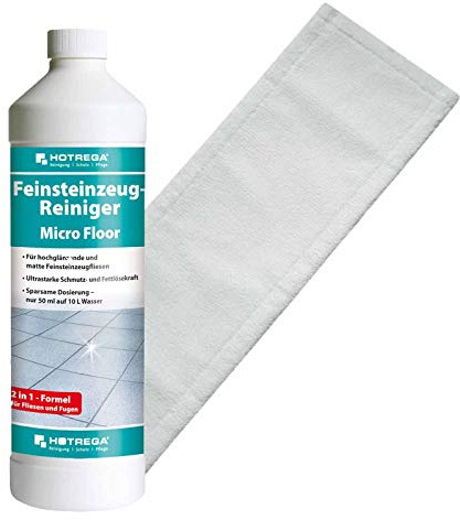 HOTREGA Microfloor Feinsteinzeug-Reiniger 1L Set | Mopp 40cm Konzentrat | Fliesenreiniger fuer 1000m2 Reichweite | Inklusive Microfasermopp | Entfernt Fett & Schuhabrieb von matten Oberflaechen