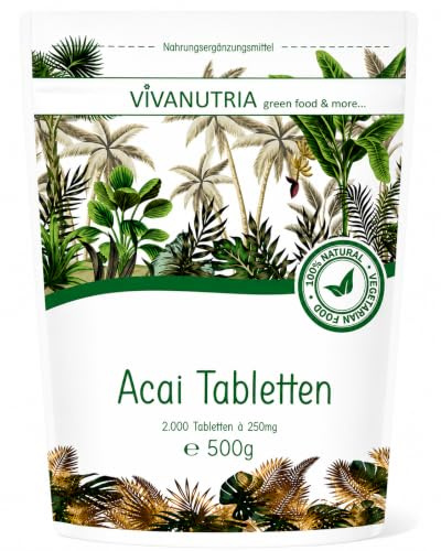 VivaNutria Acai Tabletten 2000 Stück à 250 mg – 500 g Vorteilspack – Acai Pulver in Tablettenform – Vegan – Ohne Zusätze – Ohne Bindemittel – ca. 100 Tagesportionen