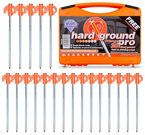Blue Diamond Heavy Duty Tent Pegs - 20 Pack Hard Ground Tent Pegs, Camping Pegs for Awnings, Gazebos, Outdoor Use - Galvanized Steel (Carry Case)