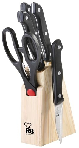 Renberg BONN - Set de 6 Piezas en Acero Inoxidable - Incluye 4 Cuchillos, Tijeras y Bloque de Cuchillos Universal - Utensilios Profesionales y Duraderos - Diseño Ergonómico - Gran Variedad de Usos