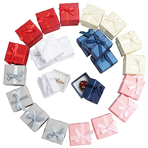 Kurtzy Scatola Regalo con Coperchio Colorate (24pz) Scatoline Regalo per Gioielli 4,1 x 4,1 cm-Scatoline Cartone Porta Anello con Inserto Velluto e Fiocco - Scatole Regalo per Anniversari e Compleanni