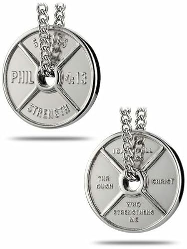 Shields of Strength Men's Stainless Steel or Gold Plated Weight Plate Necklace Philippians 4:13 Bible Verse Fitness Gym Jewelry Weightlifters Dumbbell