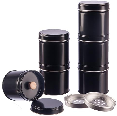 12er Pack Gewürzdosen schwarz stapelbar mit extra Aromadeckel inkl. 6 Etiketten + 2 Streueinsätze | Höhe: je ca. 6,5 cm, Ø je ca. 6,6 cm | BPA-frei und lebensmittelecht