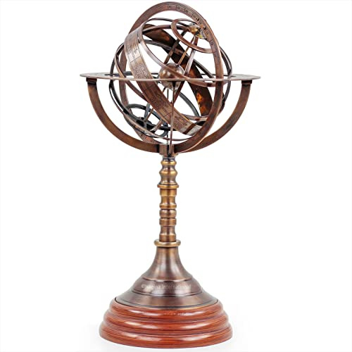 Nagina International 19.9 Armillary Sphere Globe Antique Brass | Home Decor & Table Center Piece | Engraved Brass Tabletop Functional Rotatable Armillary Sphere Nautical Globe Antique Astrolabe