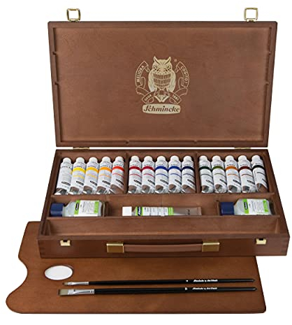 Schmincke - PRIMAcryl feinste Acrylfarben, Premium Holzkasten, 15 x 35 ml Set, 73515097, Zubehör: Malmittel, Fluid Medium glänzend, Strukturgel, 2 Pinsel, Holz-Palette