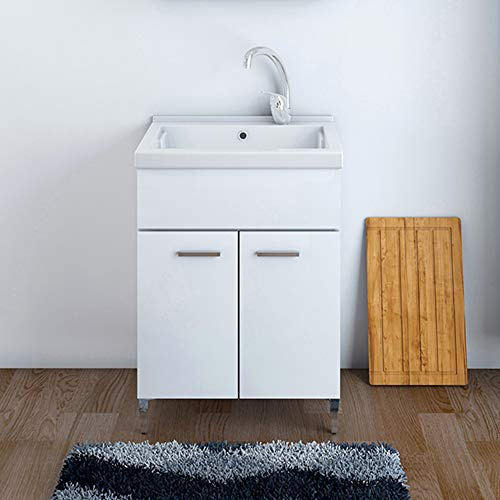 Inbagno Mobile Lavatoio, L.60xP.50xH.86.5, Bianco Lucido, Vasca in Ceramica con profondità 30 cm