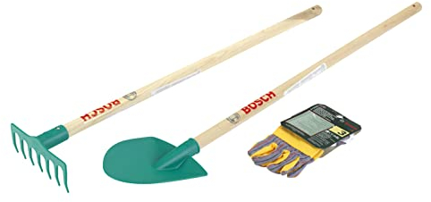Theo Klein 2712 Set da Giardino Bosch in 3 Pezzi, Pala e rastrello con Occhielli di Sospensione, Guanti da Lavoro di Alta qualità, Anti-UV, Giocattolo per Bambini a Partire da 3 Anni