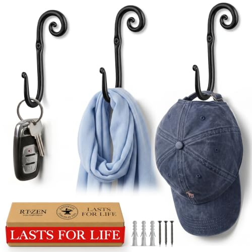 RTZEN Wall Mount Hook Set - Wrought Iron Decorative Rustic Metal Coat Hooks for Hanging - Handcrafted Classic Farmhouse Wall Mounted Black Hooks for Towel Robe or Hat Hanging - 3 Pack