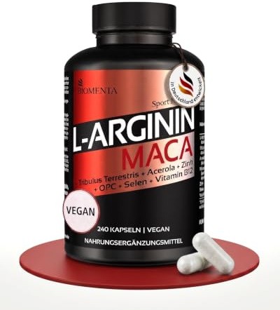 BIOMENTA L-Arginin + Maca Hochdosiert I 240 vegane Kapseln mit Zink, Selen, Vitamin C & 375 mg reinen Aminosäuren pro Einheit I Pflanzliche Nahrungsergänzung ohne Zusätze I Laborgeprüfte Qualität