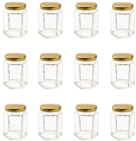 Nutley's 8oz 190ml Hexagonal Jam Jar with Screw-Top Lid - Gold (Pack of 12)