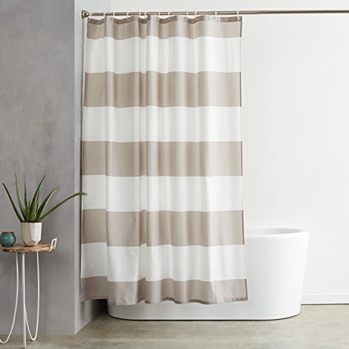 Amazon Basics Shower Curtain, Water and Mould Resistant Fabric Bathroom Curtain with Grommets & Hooks, Machine Washable, 183 x 183 cm, Beige Striped