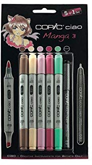 COPIC Ciao Marker 5+1 Set Manga 3, 5 Allround-Layoutmarker mit einer mittelbreiten und einer Brush-Spitze, inkl. 1 Multiliner 0,3 mm