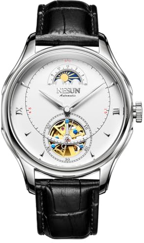 FENKOO Männer-Auto-mechanische Weise Tourbillon schwarzes Leder-Band-Armbanduhr (Weiß)
