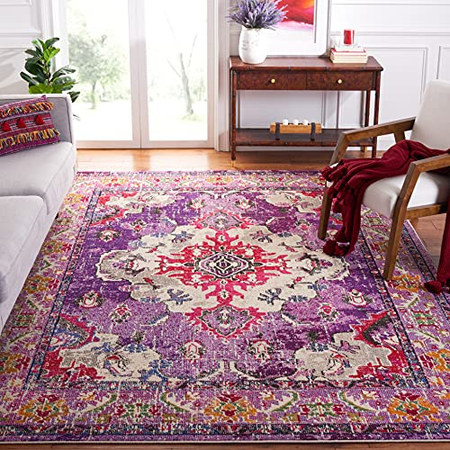 SAFAVIEH Boho Teppich für Wohnzimmer, Esszimmer, Schlafzimmer - Monaco Collection, Kurzer Flor, Violett und Fuchsia, 66 x 122 cm
