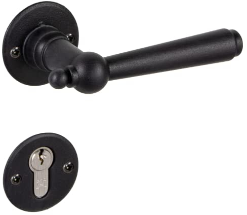 GedoTec Türklinke Schmiedeeisen | 1 Stück Türbeschlag Antik schwarz Türgriff Zimmertür auf Rosette - München | PZ - Profilzylinder | Gusseisen schwarz rustikal | Türgarnitur mit Befestigungsmaterial