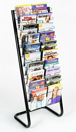 Displays2go Floor‑Standing Wire Magazine Rack with 20 Pockets, Tiered Literature Display Stand for Magazines & Brochures – Black (WFM1020A)