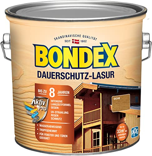 Bondex Dauerschutz Lasur Eiche 2,5 L für 32 m² | Hoher Wetter- und UV-Schutz bis zu 8 Jahre | Tropfgehemmt | Natürliches Abwittern - kein Abplatzen | Dauerschutzlasur| Holzlasur
