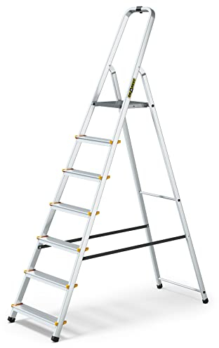 Drabest Escabeau en Aluminium 7 Marches 150 KG - Escabeau en Aluminium avec Pieds Antidérapants Et Plate-Forme De Travail - Echelles Multifonctions - 50 X 215 X 12 Cm