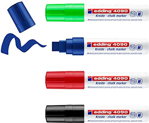 edding 4090 chalk marker pen set - black, red, blue, green - 4 chalk pens - chisel nib 4-15 mm - drywipe pen for chalkboards,windows,glass,mirrors - liquid chalk marker pens for opaque coverage