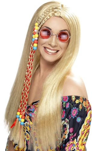 Smiffys Hippie Party Perücke, Blond, Lang mit farbigen Perlen Halloween