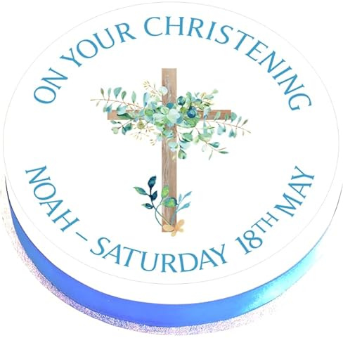 Personalised Christening Cake Topper- Blue Floral Cake Decoration - Edible Icing - 7.5 Round