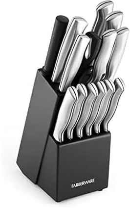 Farberware 15-Piece Kitchen Knife Set, High-Carbon Stainless Steel Blades with Wood Block, Steak Knives, Sharpening Tool & All-Purpose Shears, Razor Sharp, Ergonomic Stainless Steel Handles