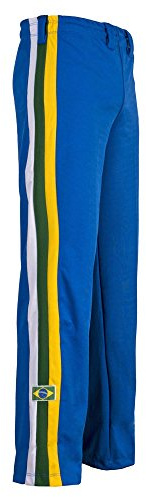 JL Sport Autentico Pantaloni Brasileiana Capoeira Arti Marziali degli Uomini (Blu con I Colori Nazionali del Brasile Lungo Bein Strisce Verticali) - L