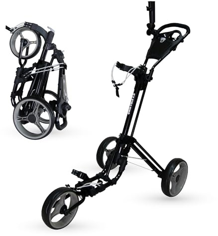 Qwik-Fold 3-Wheel Golf Push Cart with Foot Brake – 1-Second Fold & Unfold Trolley, Lightweight Aluminum Frame, Adjustable Handle, Smooth Ball-Bearing Wheels, Umbrella Holder & Storage - Black/Charcoal