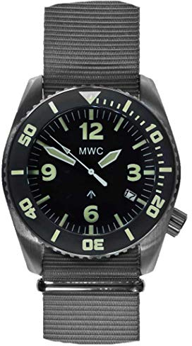 MWC Dephtmaster 1000 m schweizisk kvarts svart stål safir keramik datum dykare tyg NATO militär herrklocka, armband