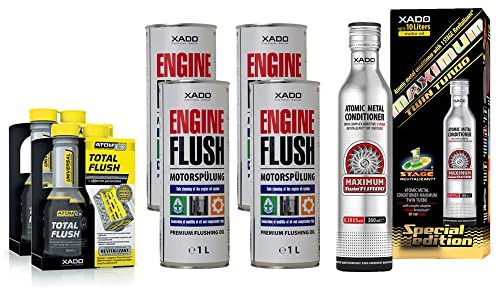 XADO Set für Motorreinigung/Motorspülung & Premium Additiv für Motor-Verschleißschutz - 2X Total Flush + 2X Spülöl + 1x TwinTurbo