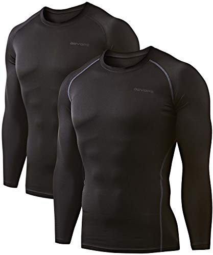 DEVOPS 2 Pack Men's Thermal Long Sleeve Compression Shirts (Large, Black/Black)