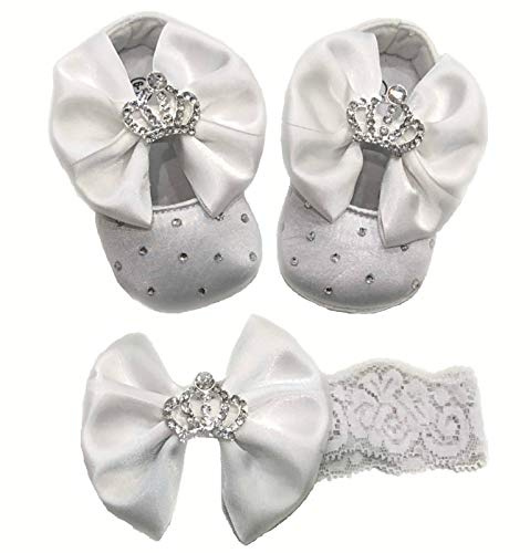 Chaussures de balleine pour bébé, blanches avec couronnette, strass et strass, pour bébé, baptême, naissance, naissance, Brillabenny (0 – 6 mois) (10,5 cm).