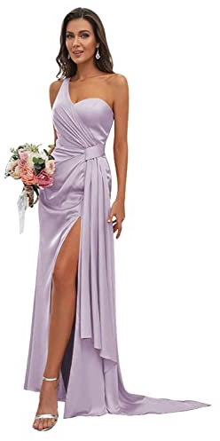 Robe de demoiselle d'honneur en satin à une épaule dénudée pour femme, robe de soirée longue sirène avec fente LN376, lilas, 32