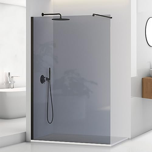 Parete doccia Walk-In 140 cm in vetro fumé 8 mm e H 200 cm, profilo nero opaco e braccio telescopico regolabile, Tay