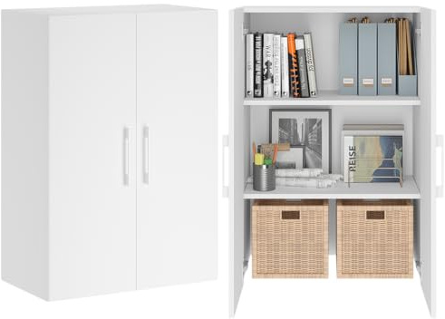 Bellamio Apol Büroschrank 60 cm, Weiß, Aktenschrank, 3 Fächer, 2 Türen | Mehrzweckschrank aus Holz, Aktenschrank, kleines Bücherregal, Aufbewahrungsschrank 88 cm hoch, für Flur, Wohnzimmer & Büro
