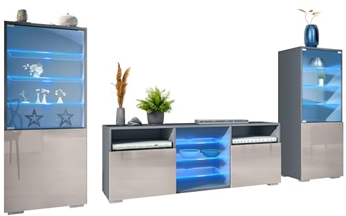 Vladon Wohnwand Granada, Anbauwand bestehend aus 2 Vitrinen und 1 TV-Board, Anthrazit matt/Sandgrau Hochglanz inkl. LED-Beleuchtung (286 x 122,5 x 35 cm)