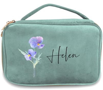 Personalisierte Samt Kosmetiktaschen mit Geburt Blume Name große Kapazität Kulturtasche für Frauen, Reise Veranstalter Kosmetiktasche Brautjungfer Hochzeit Weihnachten Geburtstag