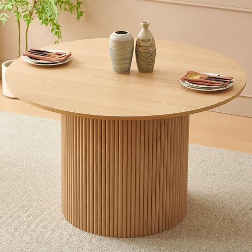 NORDICANA 47 Inch Round Dining Table with Oak Veneer, Rustic Farmhouse Style Kitchen Dinner Table for 4–6 People, Strip Columns Base, MDF Core Two-Part Table Top, Table only