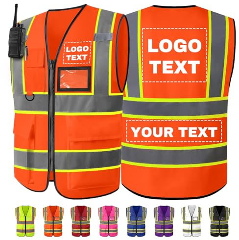 WolunLi Personalisierte Sicherheitsweste mit Namen Text Logo reflektierende Warnwesten mit Taschen, Warnweste bedruckt für Unternehmen Orange L