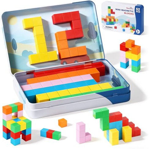 Dreamon Magnetiska byggklossar för barn, 52 st magnetiska reseblock med järnbox flygplansaktiviteter present till pojkar flickor 3, 4, 5, 6 7 år gammal