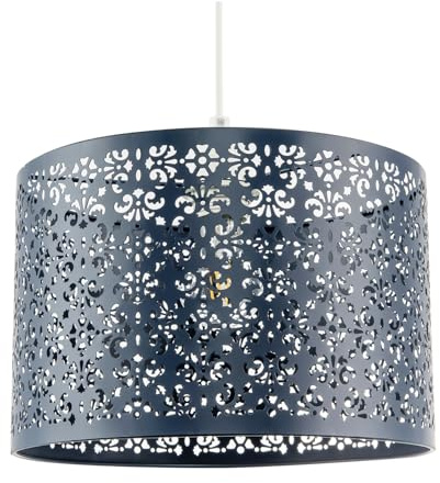 Unique Moroccan Designed Navy Midnight Blue Metal Circular Pendant Light Shade with Floral Decor | 30cm Diameter | Maximum 11watt LED Allowed by Happy Homewares
