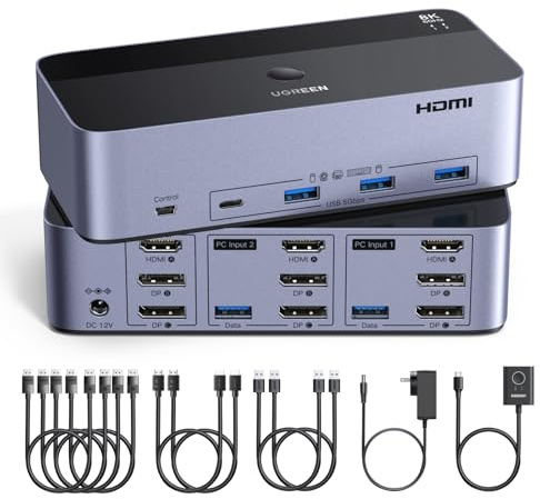UGREEN Switch KVM HDMI+DP 2.0 2 Entradas 3 Salidas 8K 60 Hz Conmutador KVM para 2 pc con 4 puertos USB 3.0 5Gbps para Teclado Ratón Disco Duro compatible con Windows Linux macOS
