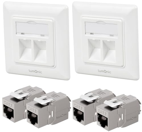 Lumonic Uppsättning av 2 Keystone infälld ram inkl. 2x CAT7-modul | 2-port snap-in I Verktygslös Keystone-montering | Standard 55-system | Ethernet upp till 10 Gbit/s AWG22-24 | RJ45 helt skärmad |
