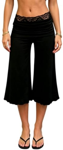 FeMereina Pantalones gaucho para mujer, con ribete de encaje, pierna ancha, pantalones capri recortados, pantalones de pijama casuales